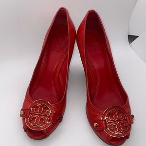 Tory Burch red leather wedges with emblem, 9